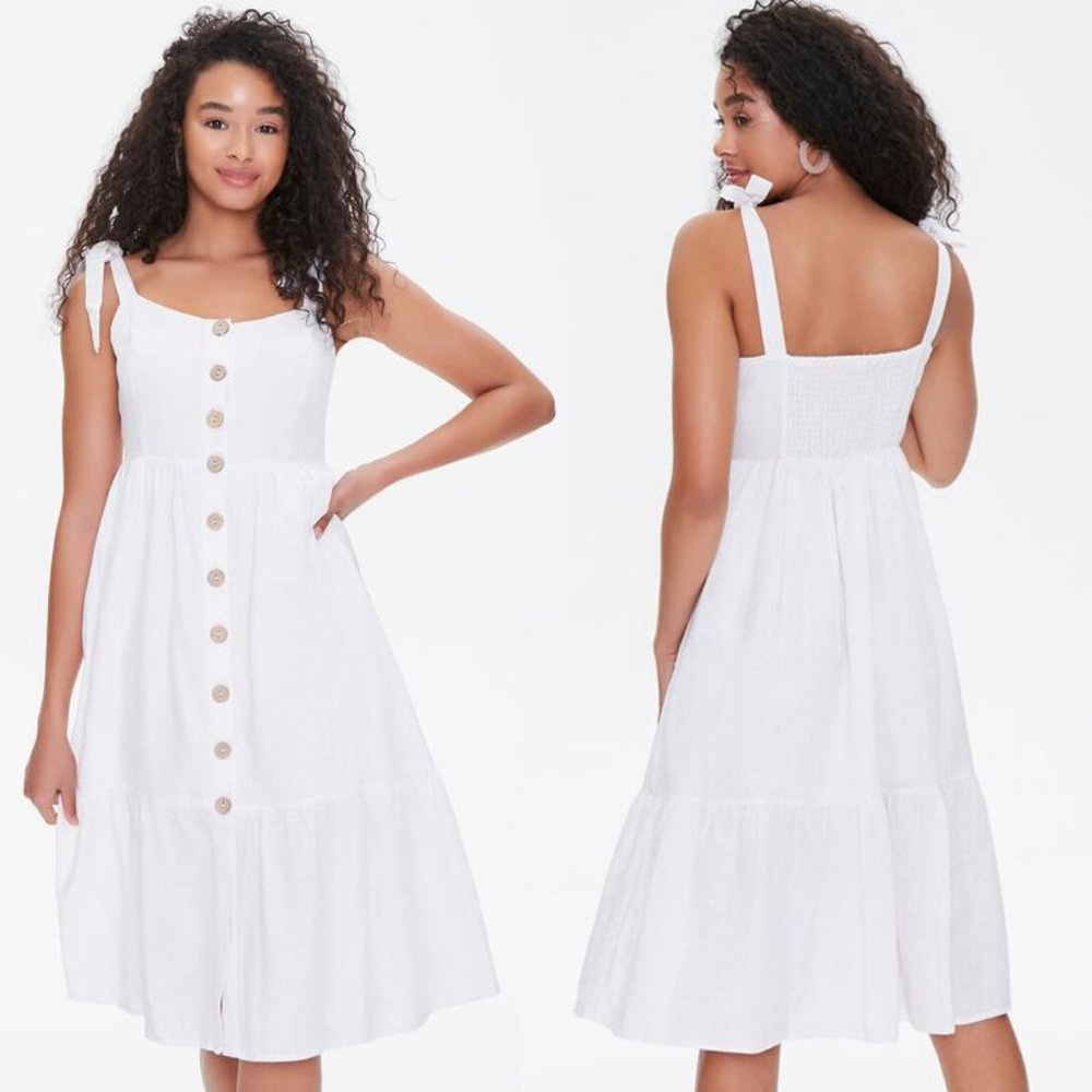NEW Ivory Linen Blend Tie Straps Button Midi Dress - Picture 4 of 10